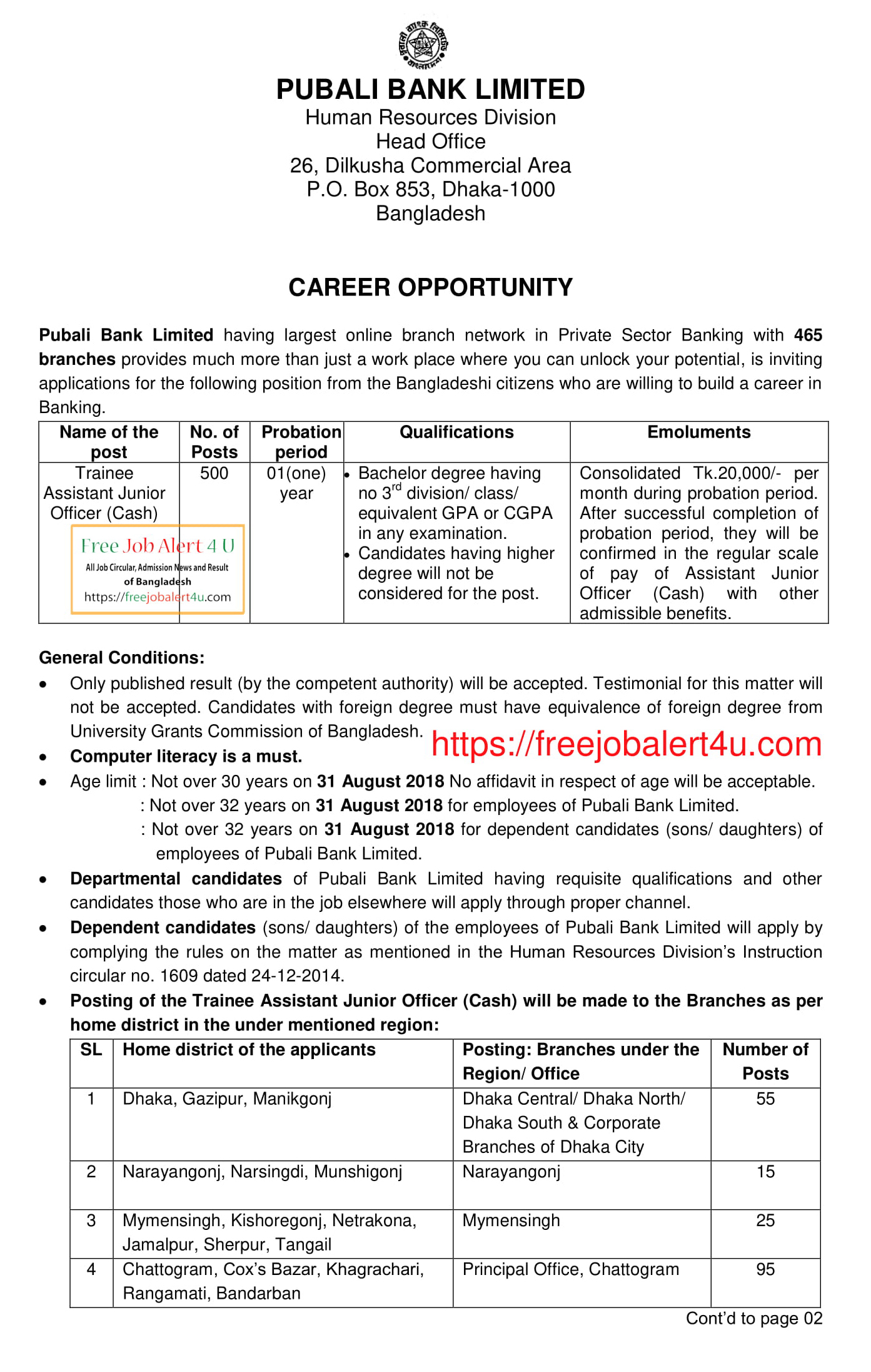 Pubali Bank Job Circular 2018 for the post of Trainee Assistant Junior Officer (Cash)