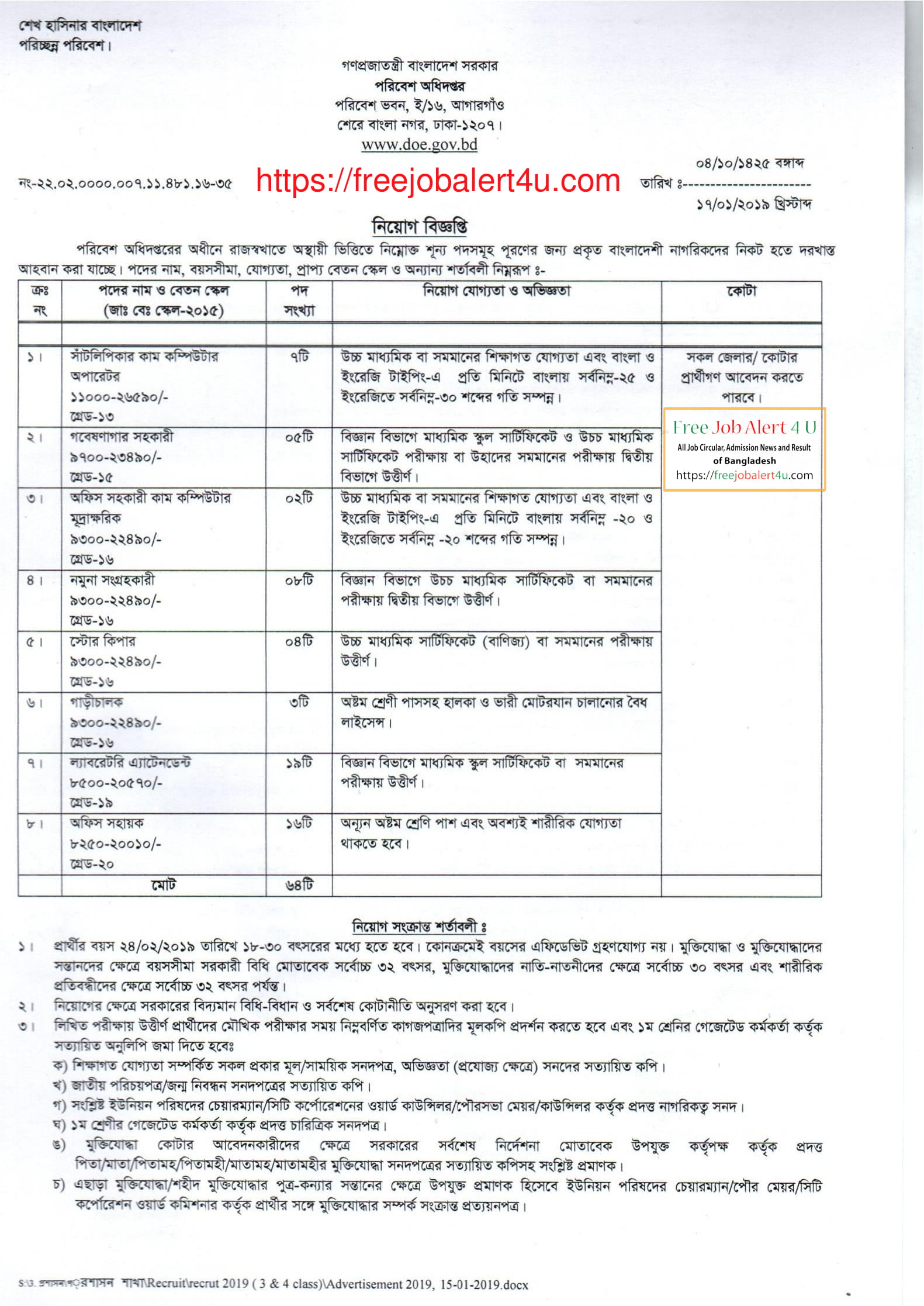 Department of Environment (DOE) job circular 2019